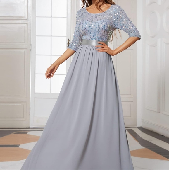 Elegant Round Neckline Sequins Floor Length Evening Dress - Picture 4 of 11